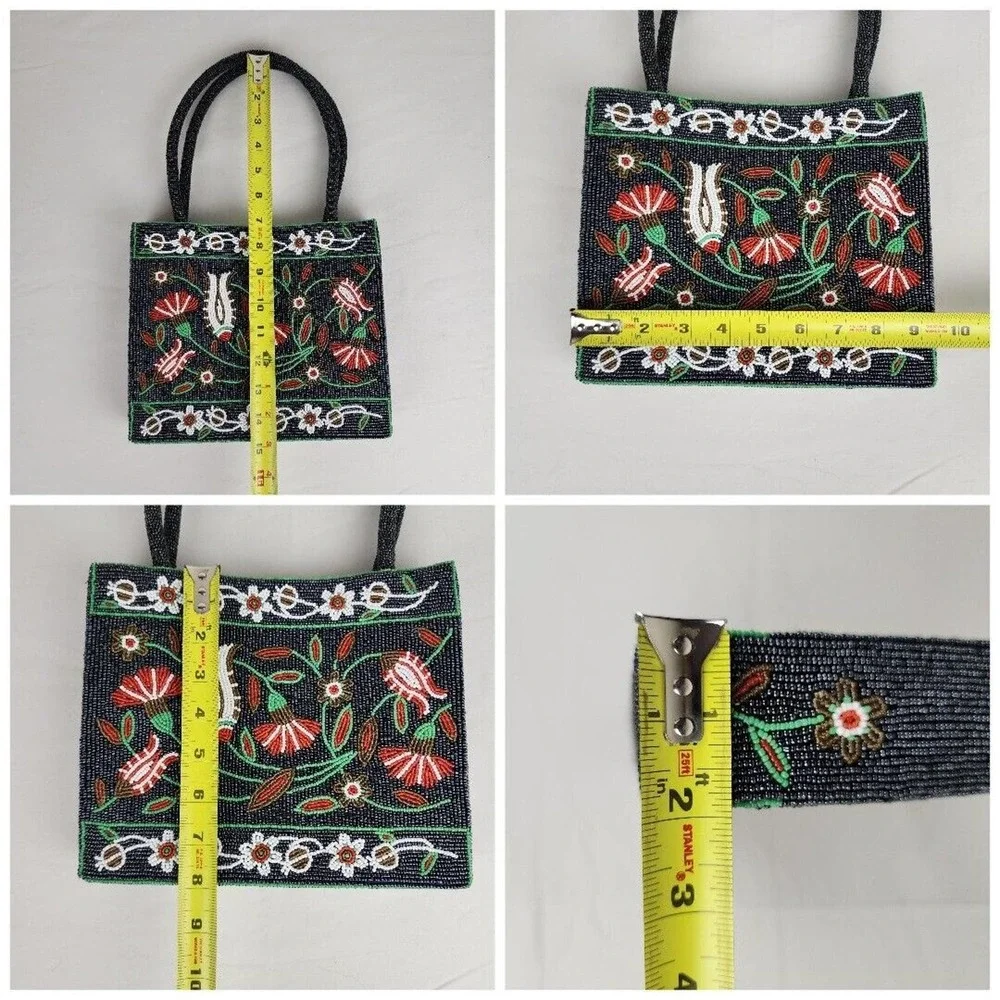 Vintage Handbag Glass Seed Beaded Floral Purse Black Red Flower Vietnamese - Picture 2 of 11